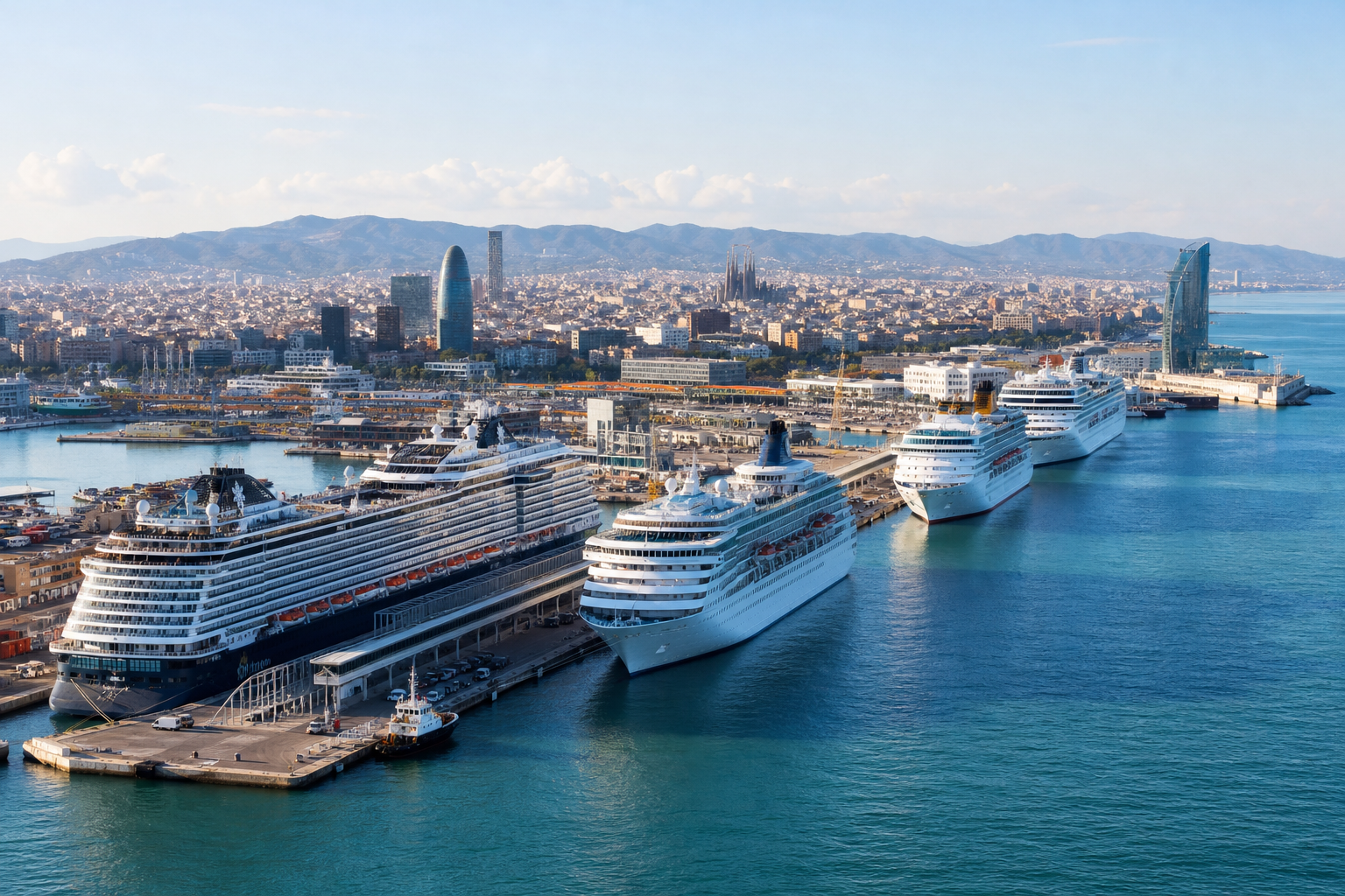 Aerial view of several cruise ships docked along the Moll Adossat wharf with the Barcelona skyline behind them.