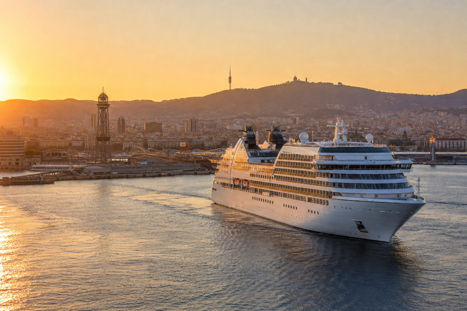 A cruise ship sails out of Barcelona harbor at sunset with the city and Montjuïc hill in the background.
