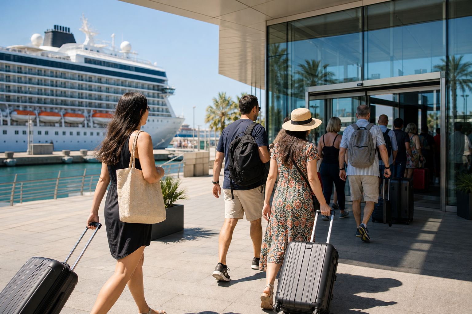 Passengers with suitcases walk into a modern Barcelona cruise terminal building with a large ship behind it.