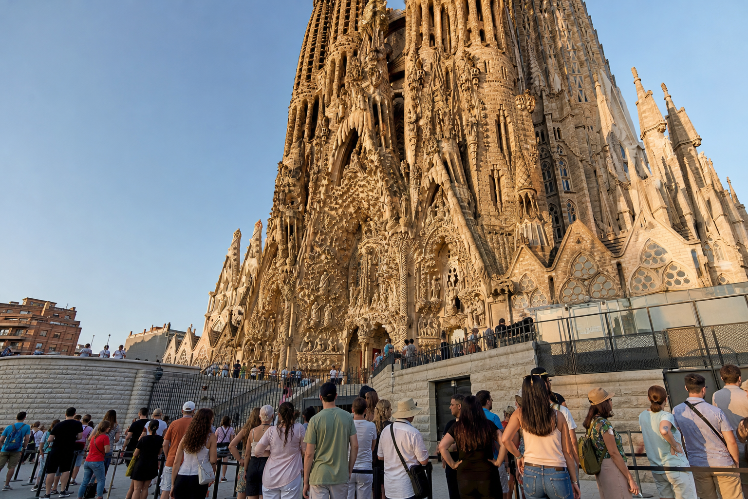 The Sagrada Familia basilica in warm morning light with visitors lining up under a clear blue sky.