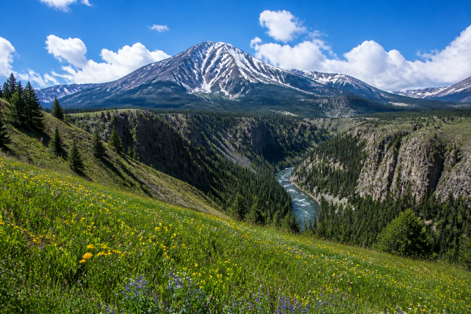 Panoramic view of Big Sky Montana resort area and surrounding mountain landscape