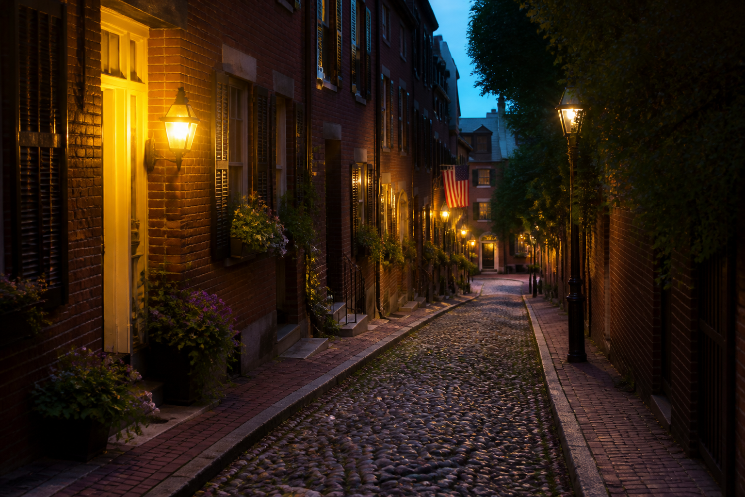 Tree-lined street in Beacon Hill, one of Boston's best neighborhoods to stay for visitors