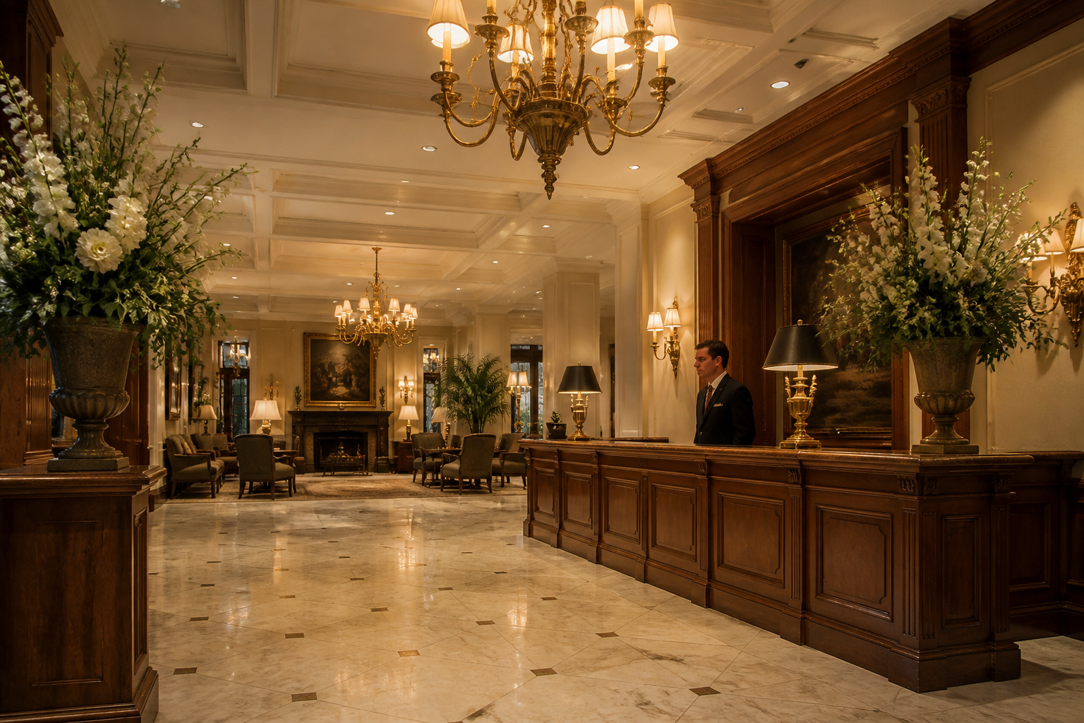Upscale hotel lobby in downtown Boston offering comfortable accommodations for travelers