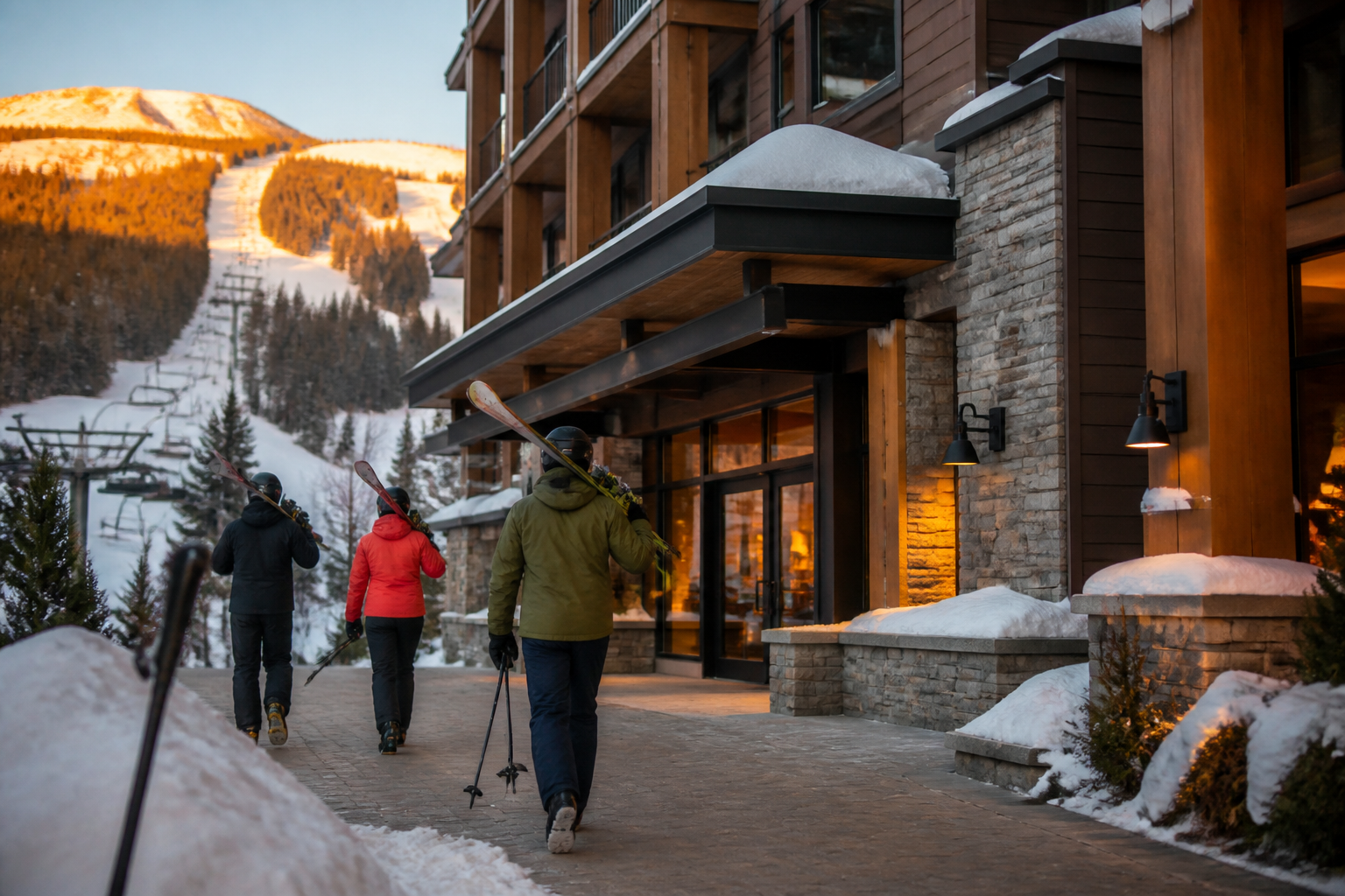 Ski-in hotel lodge in Breckenridge, Colorado with snowy mountain backdrop