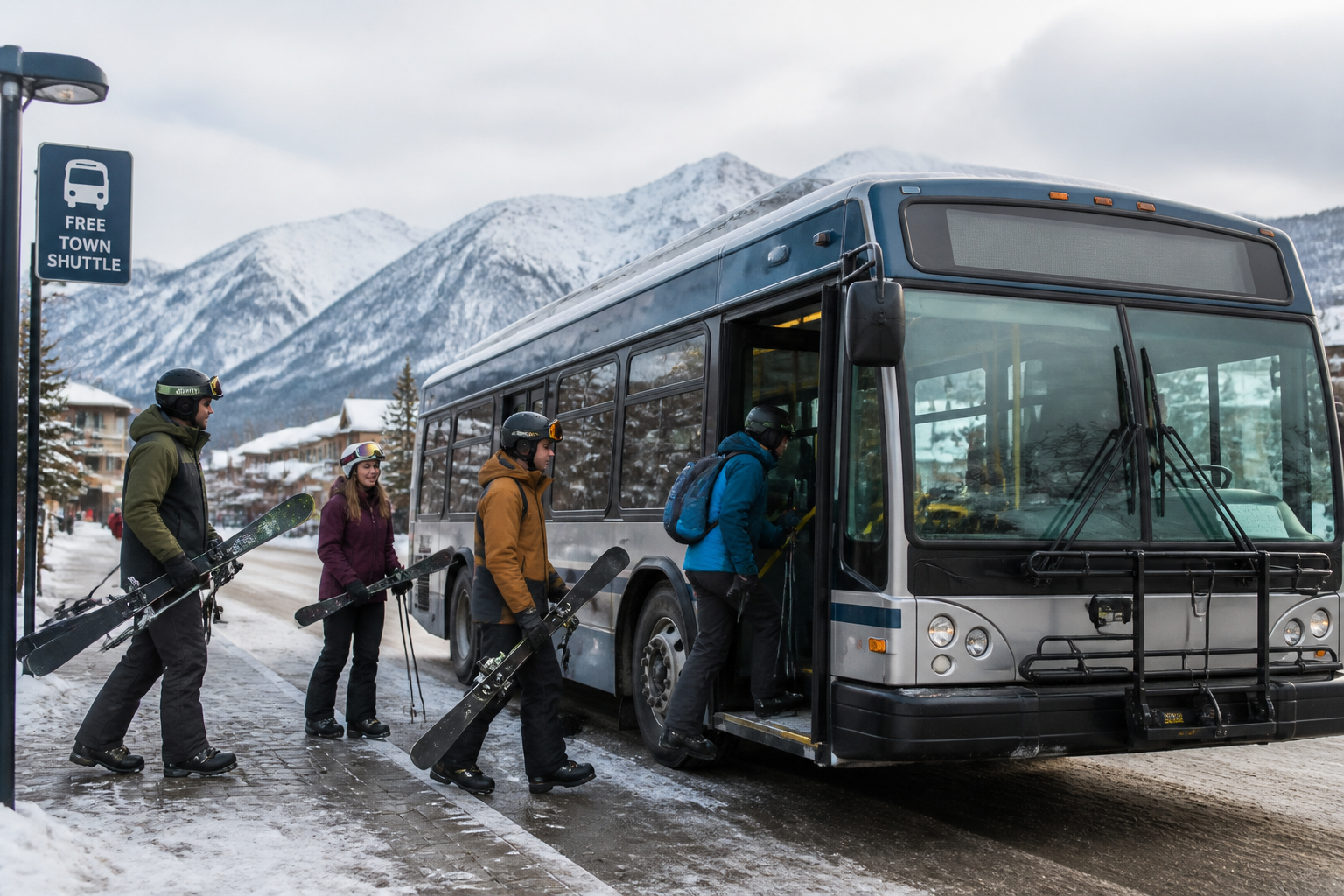 Free Breck Free Ride shuttle bus traveling through downtown Breckenridge, Colorado