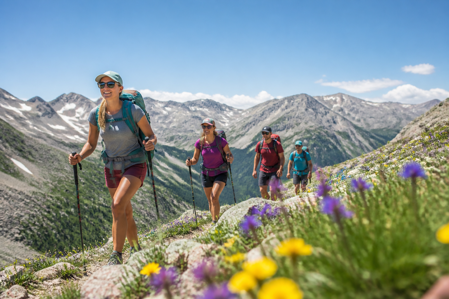 Hikers enjoying summer mountain trails in Breckenridge, Colorado during shoulder season