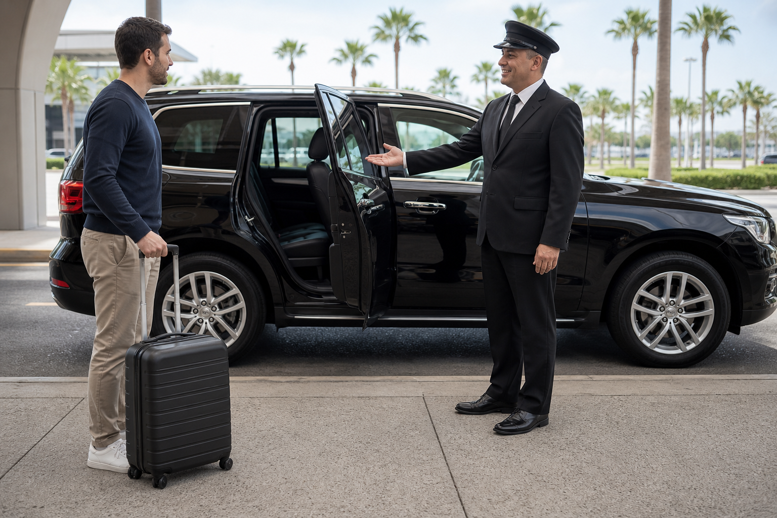 Chauffeur in a dark suit opens the door of a black Cadillac Escalade at a Florida airport curb, holding a name sign.