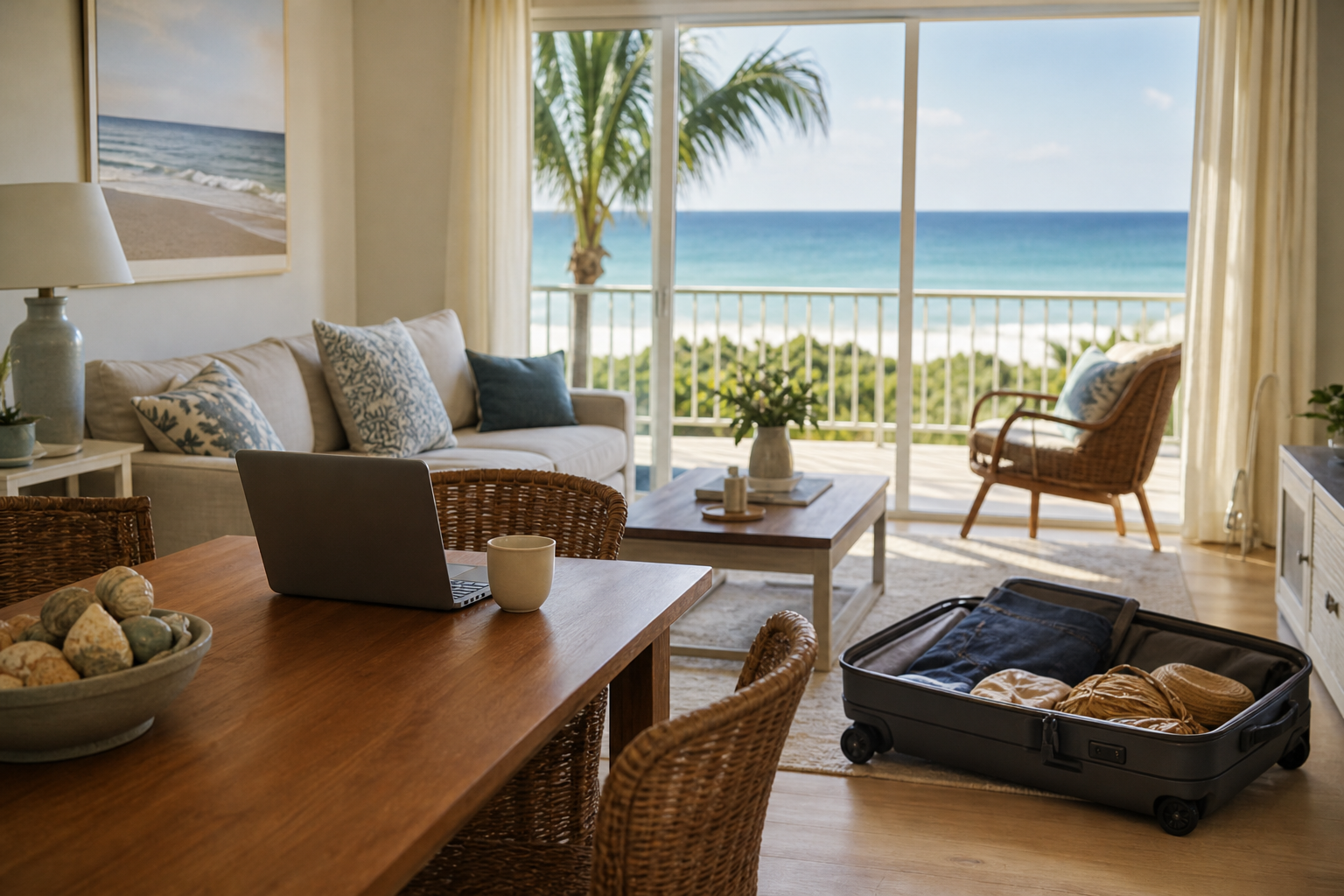 Bright Florida condo living room with open sliding glass doors to a balcony overlooking the Gulf of Mexico.