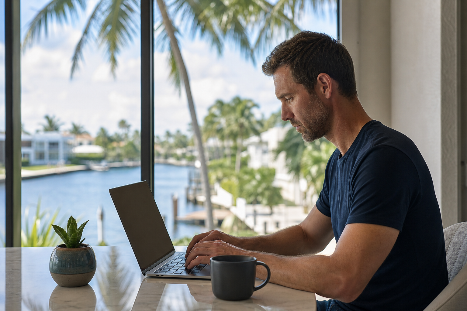 Remote worker using a laptop at a desk by a window overlooking palm trees and a canal in Florida.