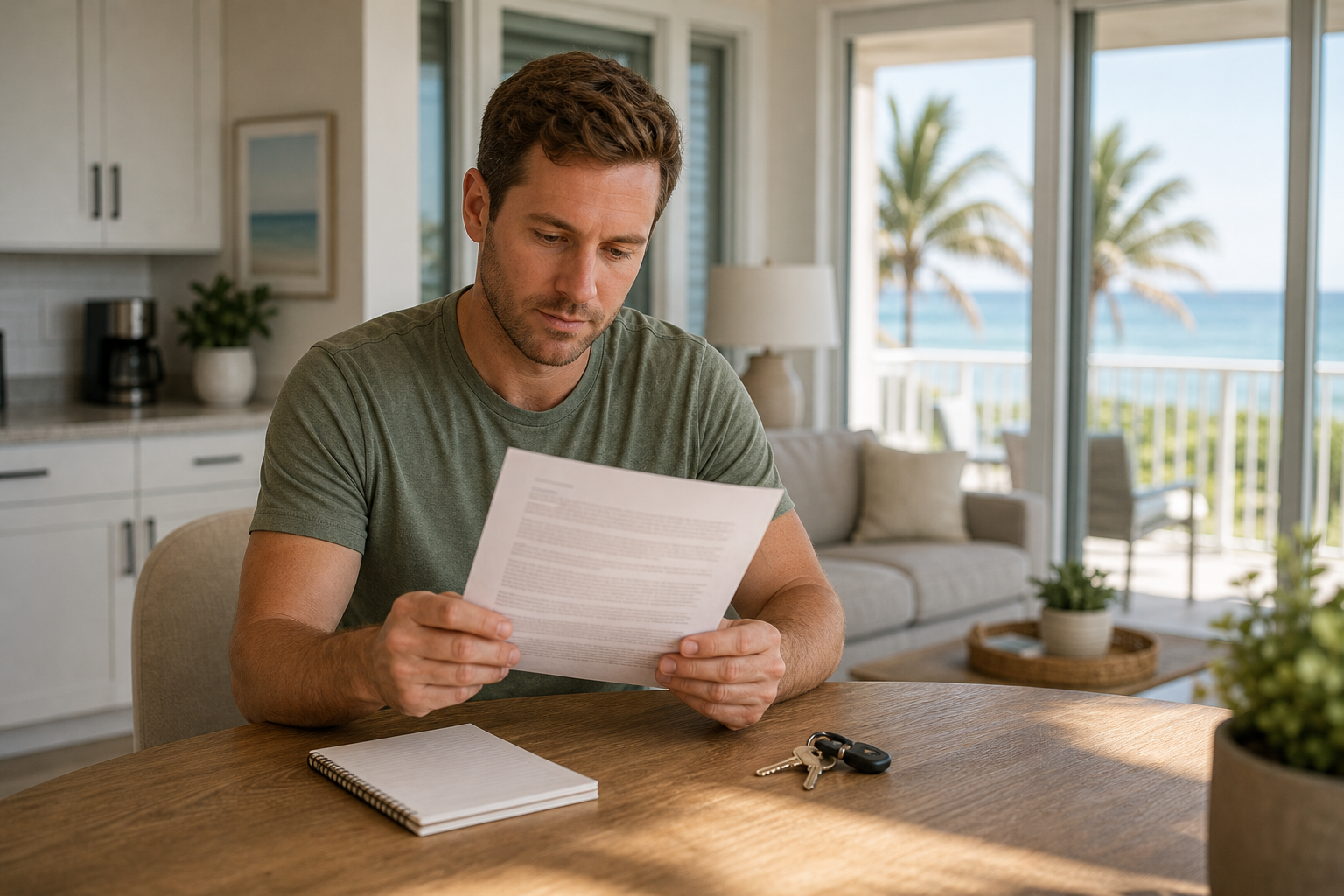 Traveler reading a rental agreement at a sunlit kitchen table in a Florida condo with keys and a notepad nearby.