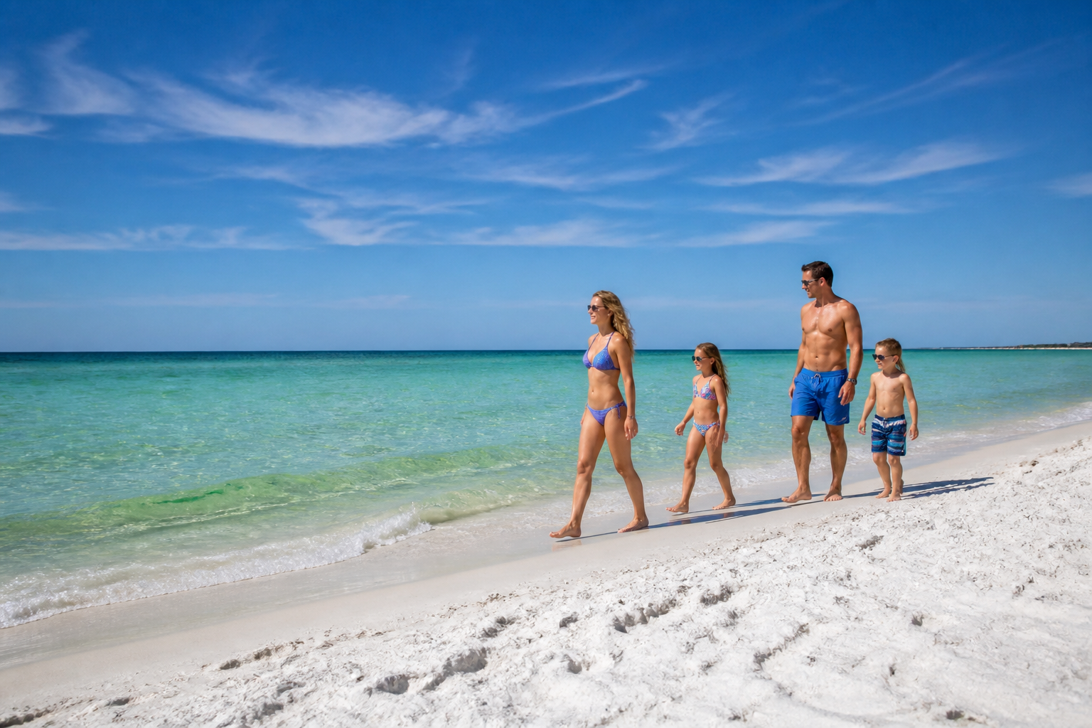 Aerial view of Fort Walton Beach Florida with white sand beaches and emerald Gulf waters on a clear sunny day