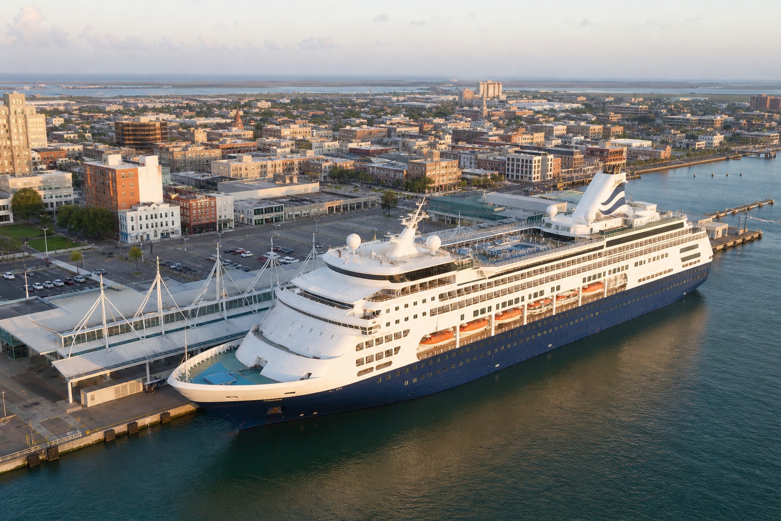 Aerial view of the Port of Galveston cruise terminals with a large ship at the pier near Strand district rooftops.
