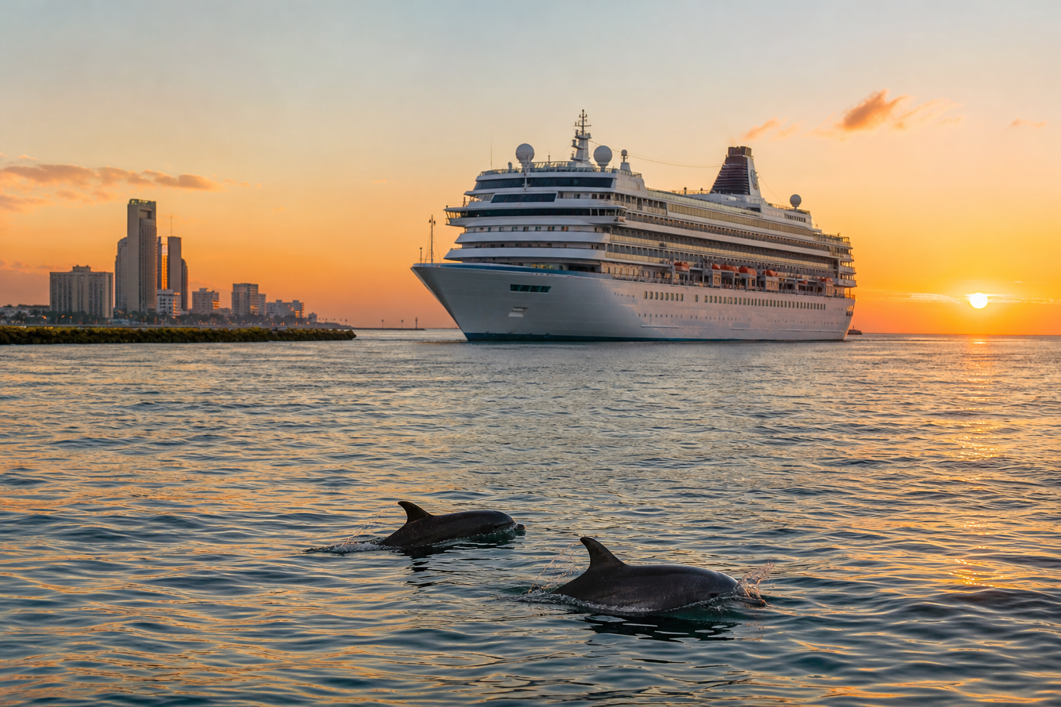 Large cruise ship leaving Galveston harbor at sunset over calm Gulf water with dolphins swimming in the foreground.