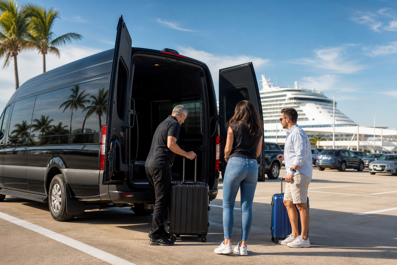 Travelers loading luggage onto a shuttle bus in a parking lot near the Galveston cruise terminals on a bright morning.