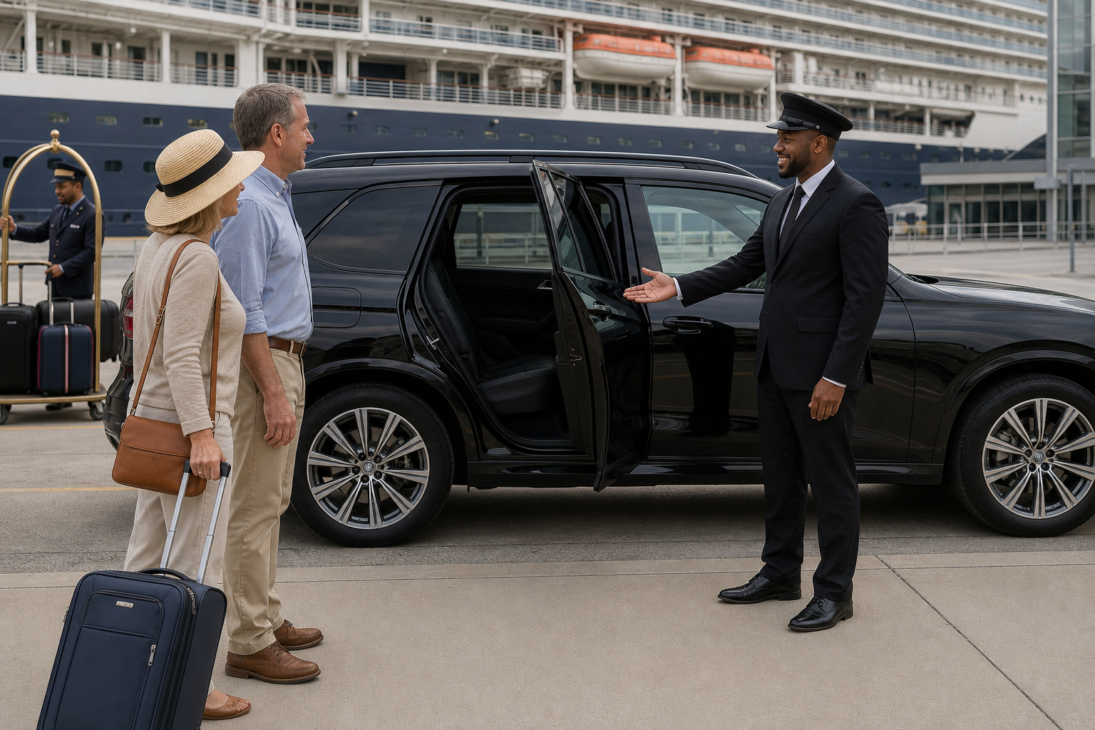 Porters handling luggage at a Galveston cruise terminal curb beside a black Cadillac Escalade with its rear door already open.