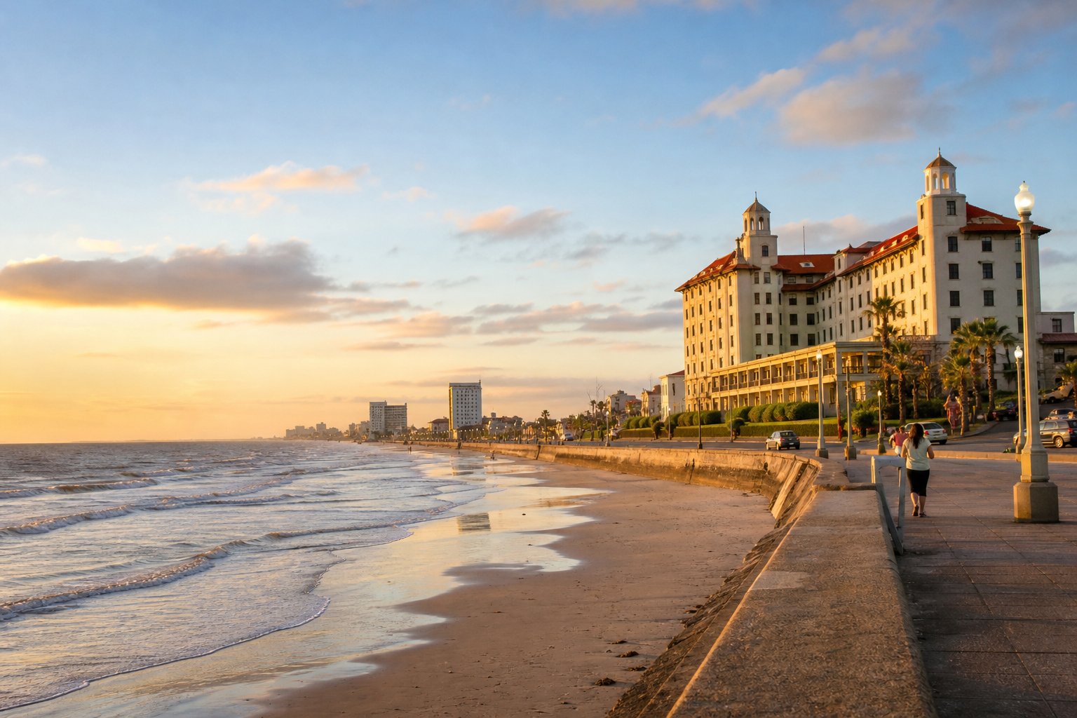 Historic Galveston Seawall with a grand early twentieth century hotel and sandy beach glowing at golden hour.