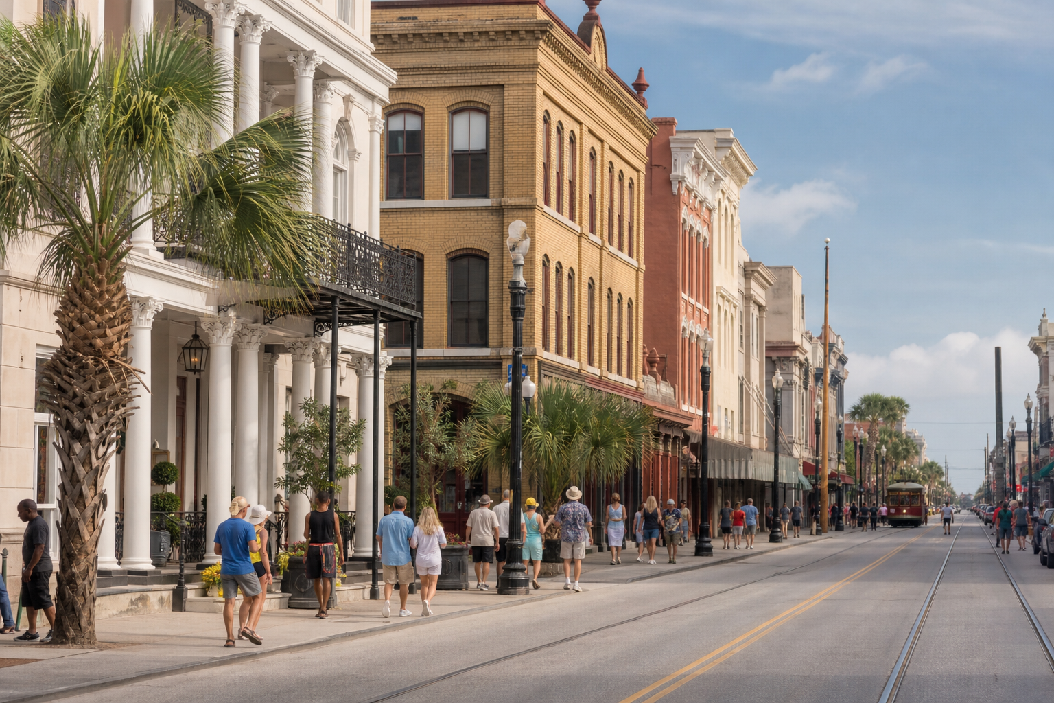 Visitors strolling past Victorian buildings and shops on a street in Galveston's Strand historic district in warm daylight.