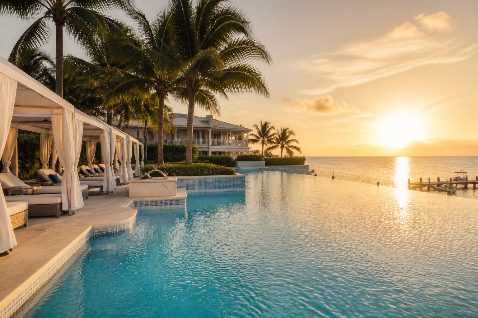 Luxury Key West hotel pool surrounded by palm trees with ocean views on a sunny Florida afternoon