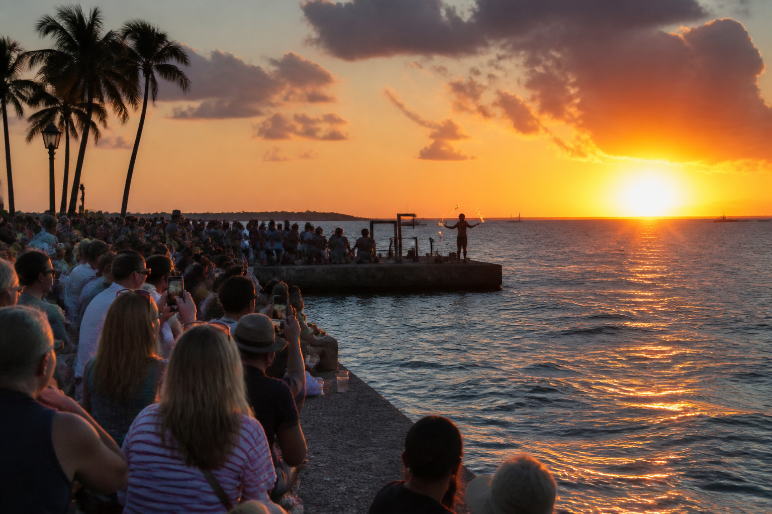 Colorful Key West street festival with performers and visitors celebrating on Duval Street