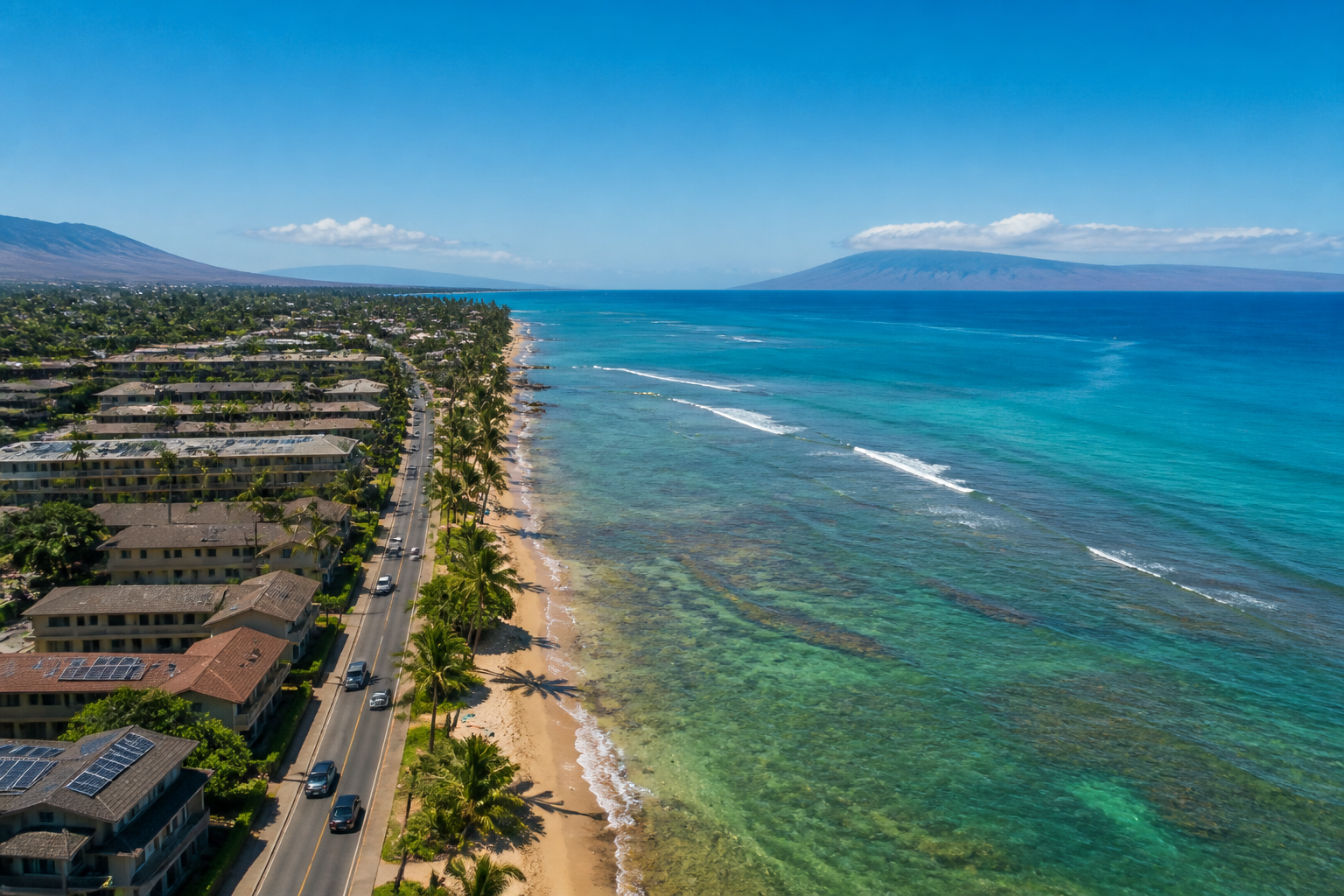 Sunny Kihei, Maui coastline view showcasing South Maui's beaches and oceanfront resorts
