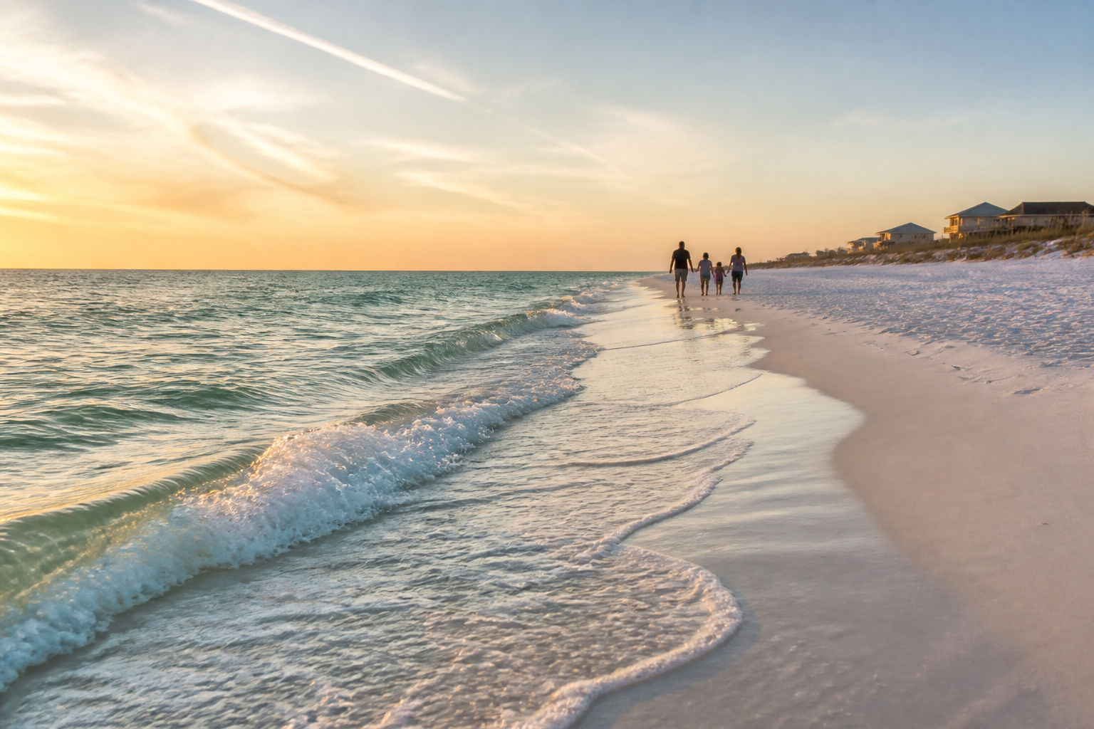 White sand beach at Miramar Beach, Florida, with turquoise Gulf water and Rosemary Beach coastal homes in the distance