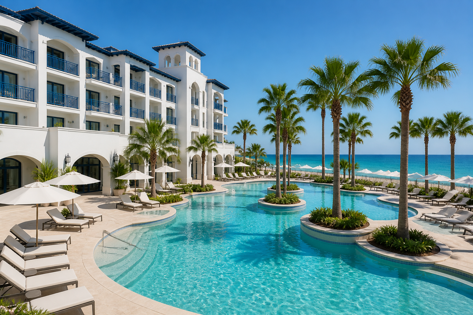Boutique hotel exterior at Rosemary Beach, Florida, featuring Gulf Coast architecture and tropical landscaping