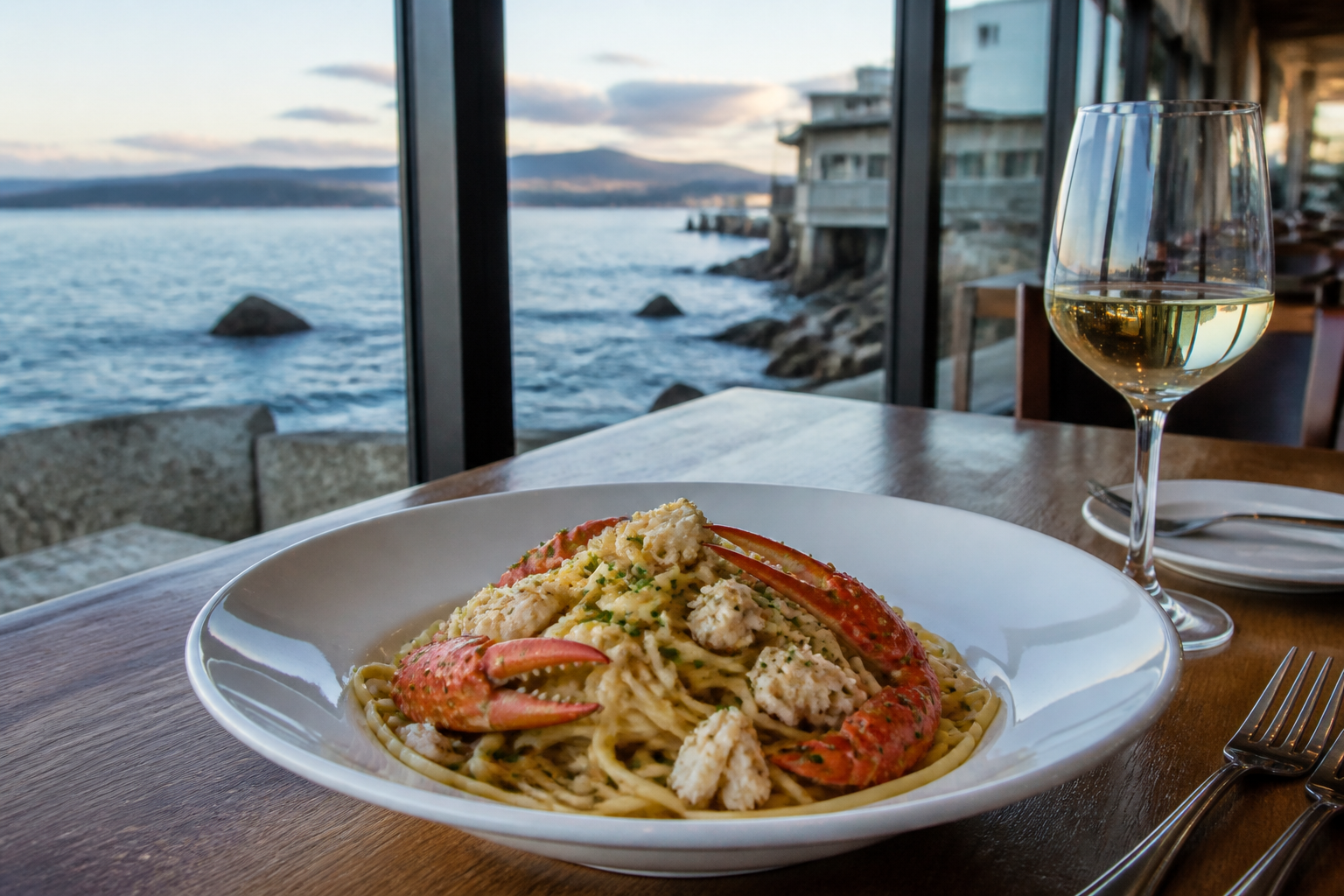 Seafood restaurant on Cannery Row in Monterey with bay views and outdoor dining on the patio