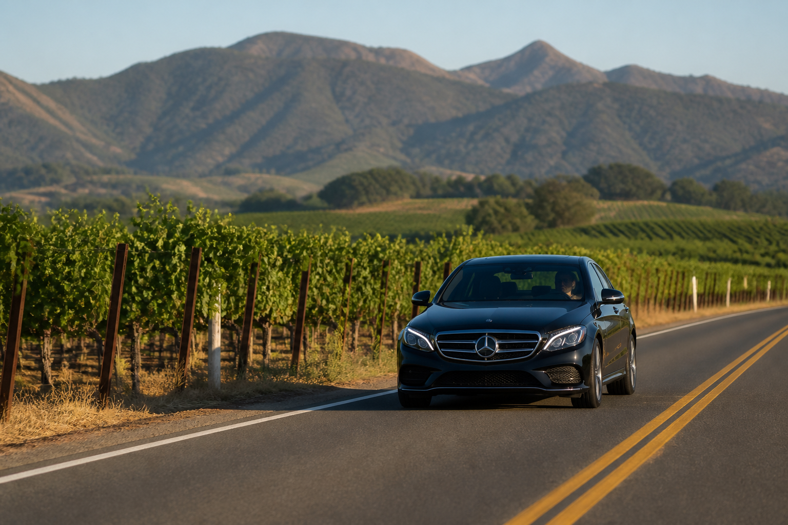 Wine tour shuttle driving along Napa Valley scenic roads between wineries and tasting rooms