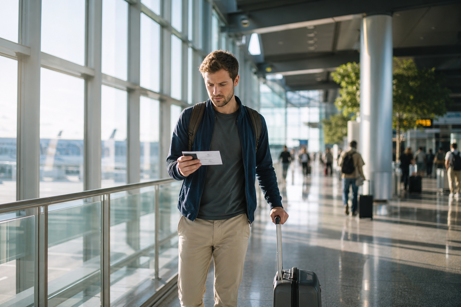 Traveler in a bright modern airport arrivals hall checking a boarding pass beside a rolling carry-on.
