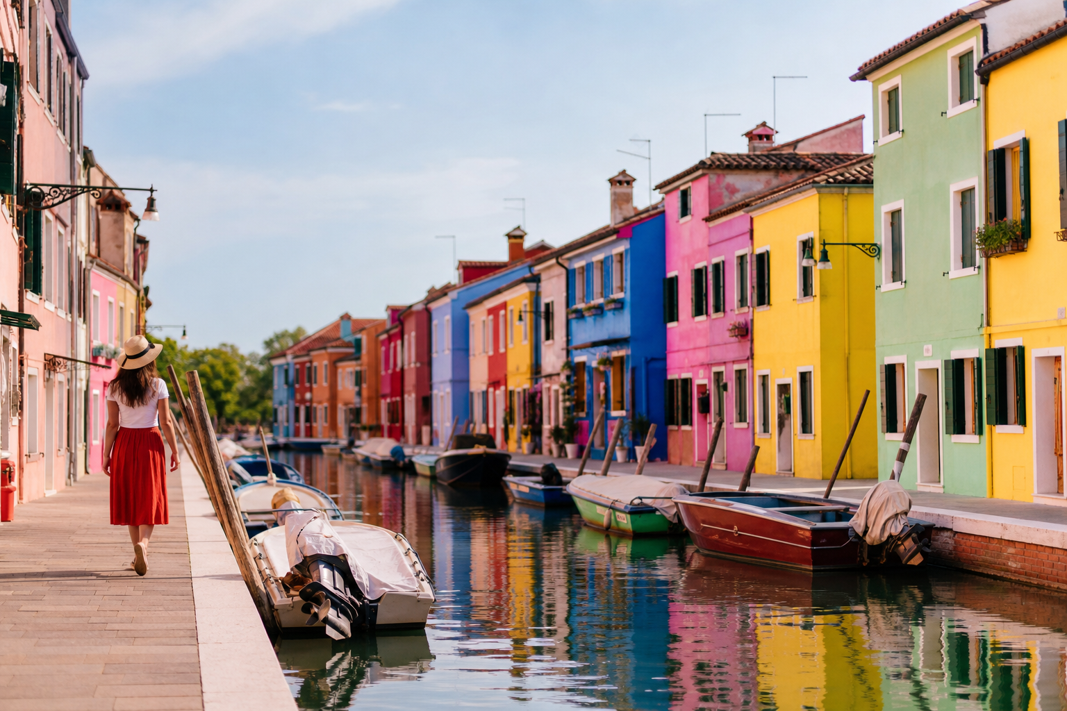 Colorful painted houses lining a canal on Burano island under a clear blue sky.