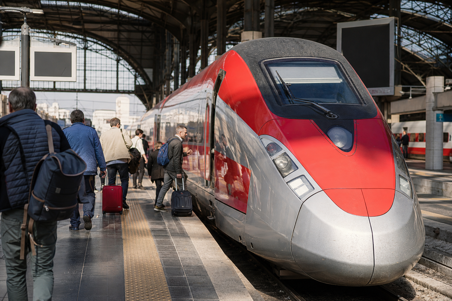 Sleek Italian high-speed train at a platform in a grand station while passengers board.
