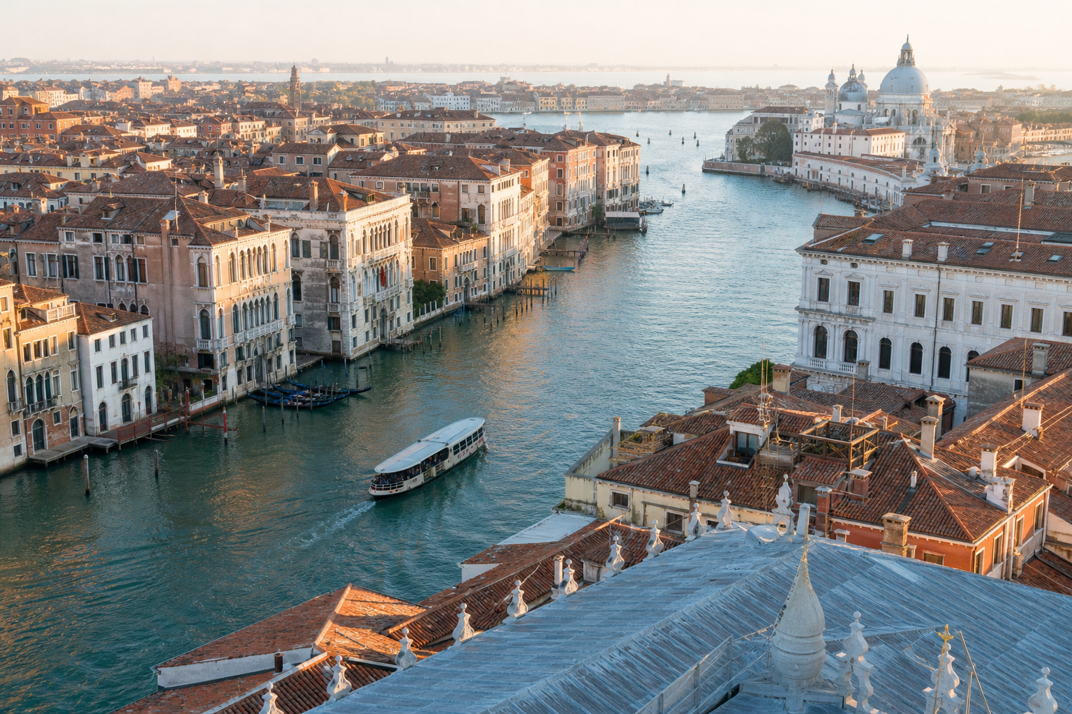 Aerial view of Venice canals and red rooftops in morning light with a vaporetto crossing the Grand Canal.