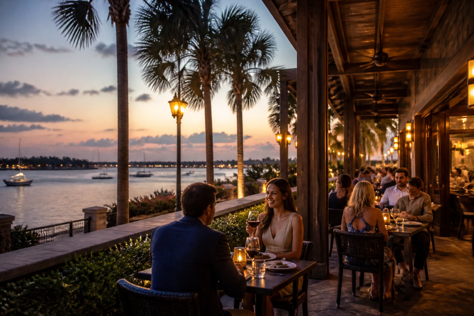 Outdoor patio dining at a popular St. Augustine, Florida restaurant with Spanish colonial decor